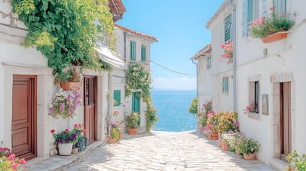 Quaint coastal town, narrow cobblestone streets lined with flowers, vibrant facades in pastel hues, bright sunlight reflecting off the sea, clear blue sky