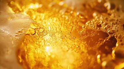 Close-up of beer foam in a glass, with light shining through the golden liquid.