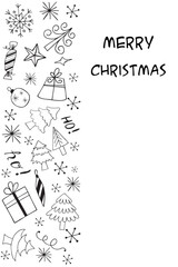Merry Christmas card with tree, gifts, toys and snowflakes in Doodle style.