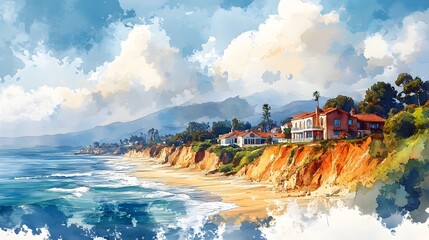 Coastal village, dramatic cliffs, and a serene beach, rendered in a fusion of watercolor and oil painting, highlighting the contrast between nature and manmade beauty