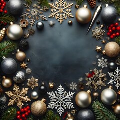 Elegant Christmas Flat Lay Background with Silver and Gold Ornaments, Snowflakes, and Pine Branches for Holiday Design, Greeting Cards, and Seasonal Decor Background