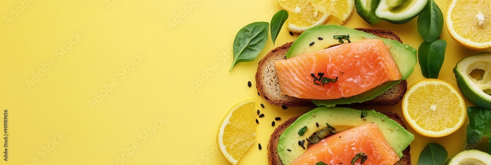 Poster a delicious breakfast spread features avocado toast topped with salmon and fresh citrus slices set a