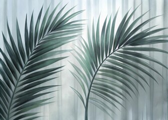 Green palm with reeded glass. White Reeded Glass. Premium spa-inspired texture for zen aesthetic behind frosted panel. Beautiful summer decor with luxury concept. Plant leaves. Ribbed Background.