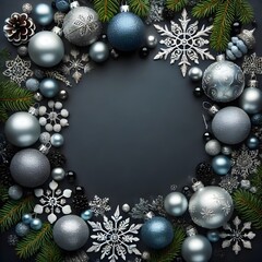 Elegant Christmas Flat Lay Background with Silver and Gold Ornaments, Snowflakes, and Pine Branches for Holiday Design, Greeting Cards, and Seasonal Decor Background