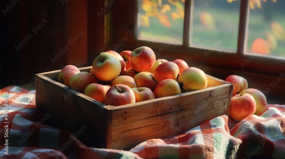 Poster a beautiful wooden crate filled with fresh, ripe apples sits on a checkered cloth near a window. sun