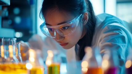 A focused young scientist examines colorful liquids in laboratory glassware. The image captures intense concentration and the vibrant hues of science experimentation. 