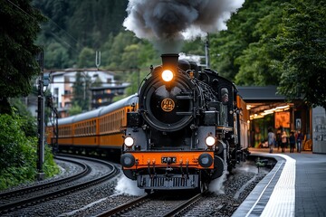 Steam train with a historic feel, captured in a photo where the train is accompanied by period-appropriate details, like old-fashioned signage and vintage clothing