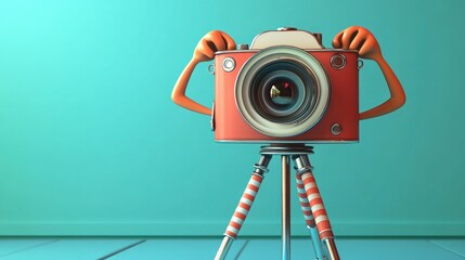 Fototapeta premium A playful cartoon camera on a tripod, with arms adjusting the lens and ready for action.