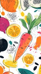 The vibrant collection showcases doodles of various fruits and vegetables, highlighting health and creativity in a lively style