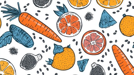 A vibrant collection of doodles showcases an array of nutritious fruits, vegetables, and seeds, promoting healthy eating and creativity
