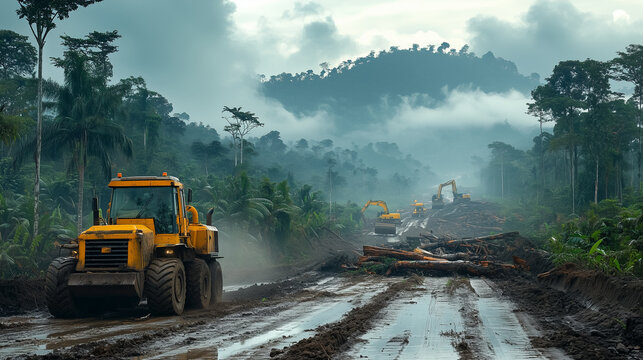 A dense forest being cleared for urban development, highlighting deforestation with fallen trees and construction machinery in the background.
