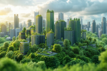 A green cityscape with eco-buildings, electric cars, and urban gardens, representing sustainable urban living.
