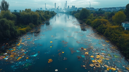 A polluted river with industrial waste contrasted with a restored clean river teeming with fish and plant life.