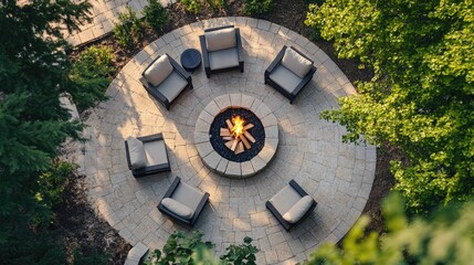 Obraz premium A circular patio area with comfortable chairs arranged around a central fire pit.
