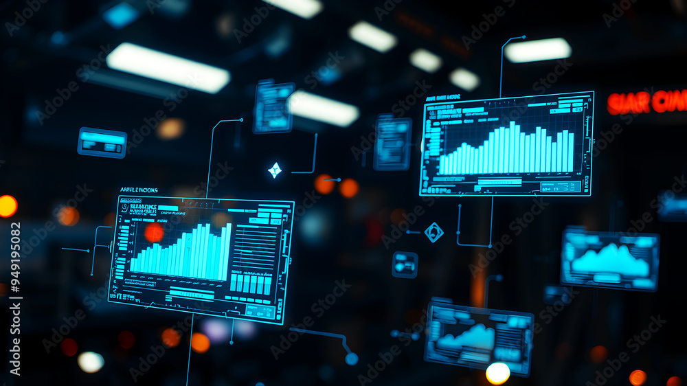 Poster an ai interface with holographic data panels floating in mid-air against a sci-fi background
