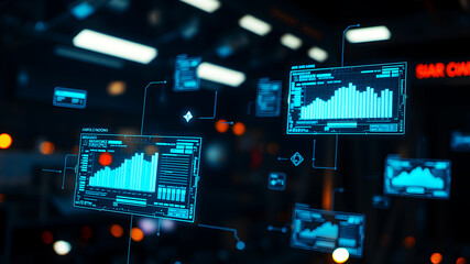 An AI interface with holographic data panels floating in mid-air against a sci-fi background