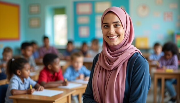 Happy middle eastern female teacher with students for World Teachers' Day