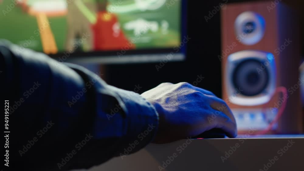 Aufkleber gamer playing fps cyberspace videogames on pc monitor using computer peripherals. close up shot of m