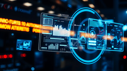 An AI interface with holographic data panels floating in mid-air against a sci-fi background