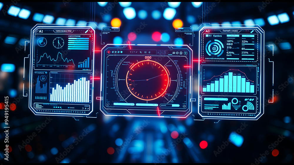 Aufkleber an ai interface with holographic data panels floating in mid-air against a sci-fi background
