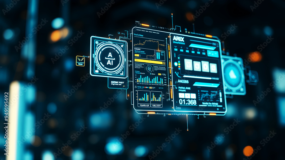 Aufkleber an ai interface with holographic data panels floating in mid-air against a sci-fi background