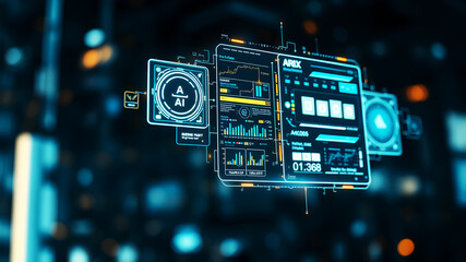 An AI interface with holographic data panels floating in mid-air against a sci-fi background
