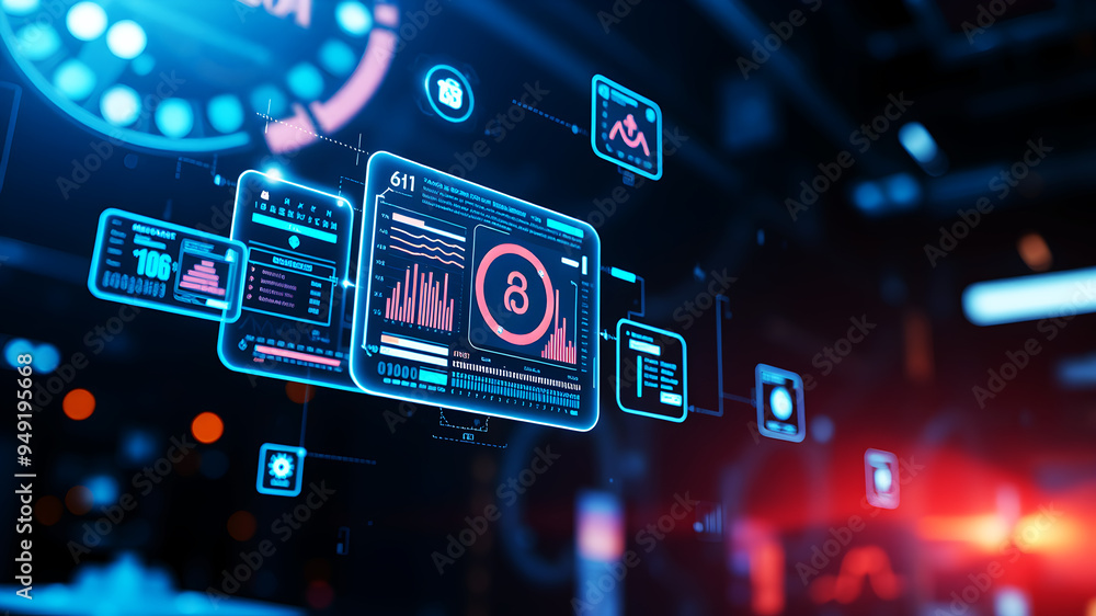 Poster an ai interface with holographic data panels floating in mid-air against a sci-fi background