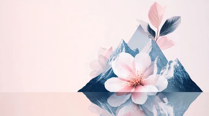 Mountain range, double exposure with vintage floral pattern, soft pastel hues, creating a serene, tranquil scene