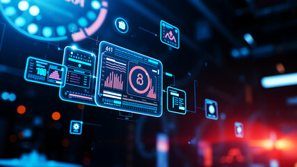 An AI interface with holographic data panels floating in mid-air against a sci-fi background