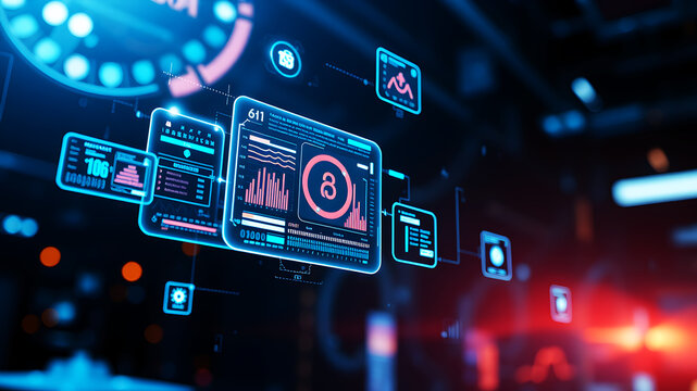 An AI interface with holographic data panels floating in mid-air against a sci-fi background