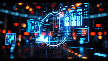 An AI interface with holographic data panels floating in mid-air against a sci-fi background