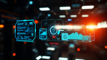 An AI interface with holographic data panels floating in mid-air against a sci-fi background