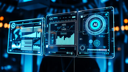 An AI interface with holographic data panels floating in mid-air against a sci-fi background