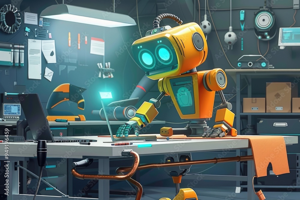 Poster a robot sits next to a laptop on a desk, perfect for tech or innovation illustrations