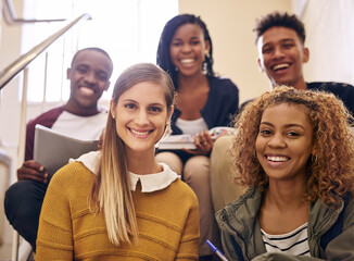 Happy, portrait and group of friends at university for education, learning or open day. Smile,...