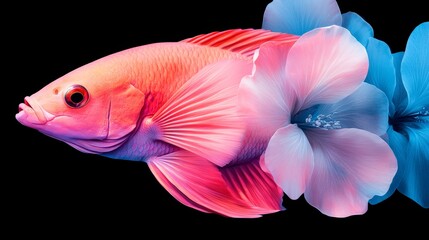 Brilliantly colored parrotfish and tropical blossoms in a seamless double exposure, vibrant and detailed