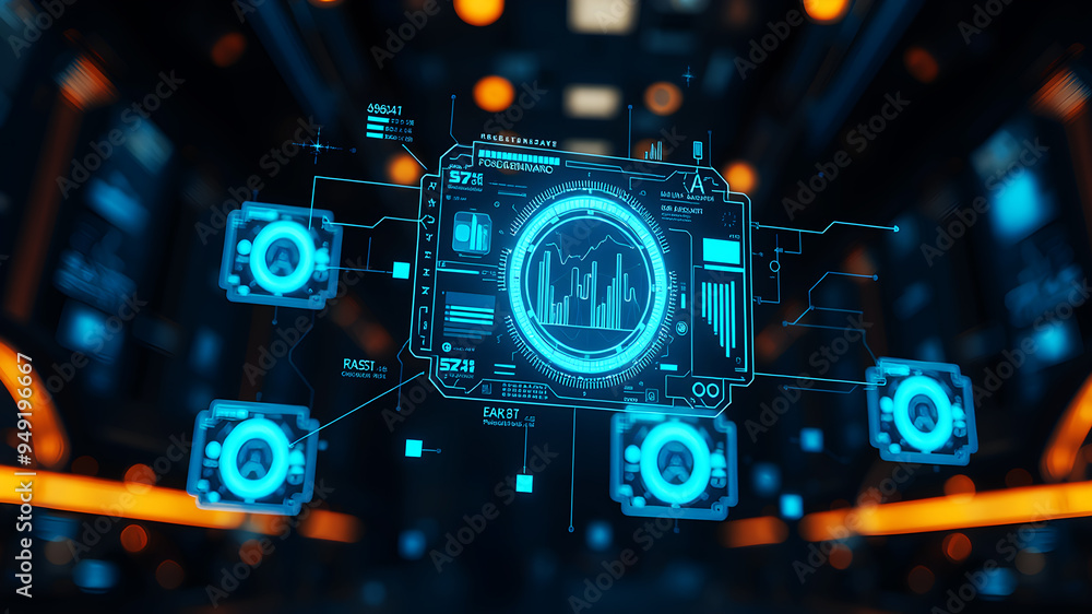 Aufkleber an ai interface with holographic data panels floating in mid-air against a sci-fi background