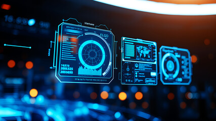 An AI interface with holographic data panels floating in mid-air against a sci-fi background