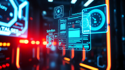 An AI interface with holographic data panels floating in mid-air against a sci-fi background