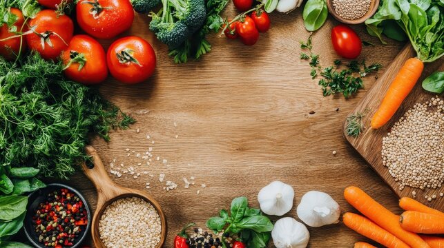 Fresh tomatoes, carrots, herbs, and grains arranged beautifully on a wooden surface, ideal for preparing healthy dishes