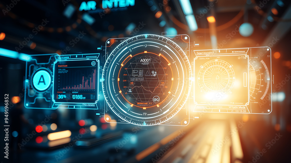 Poster an ai interface with holographic data panels floating in mid-air against a sci-fi background