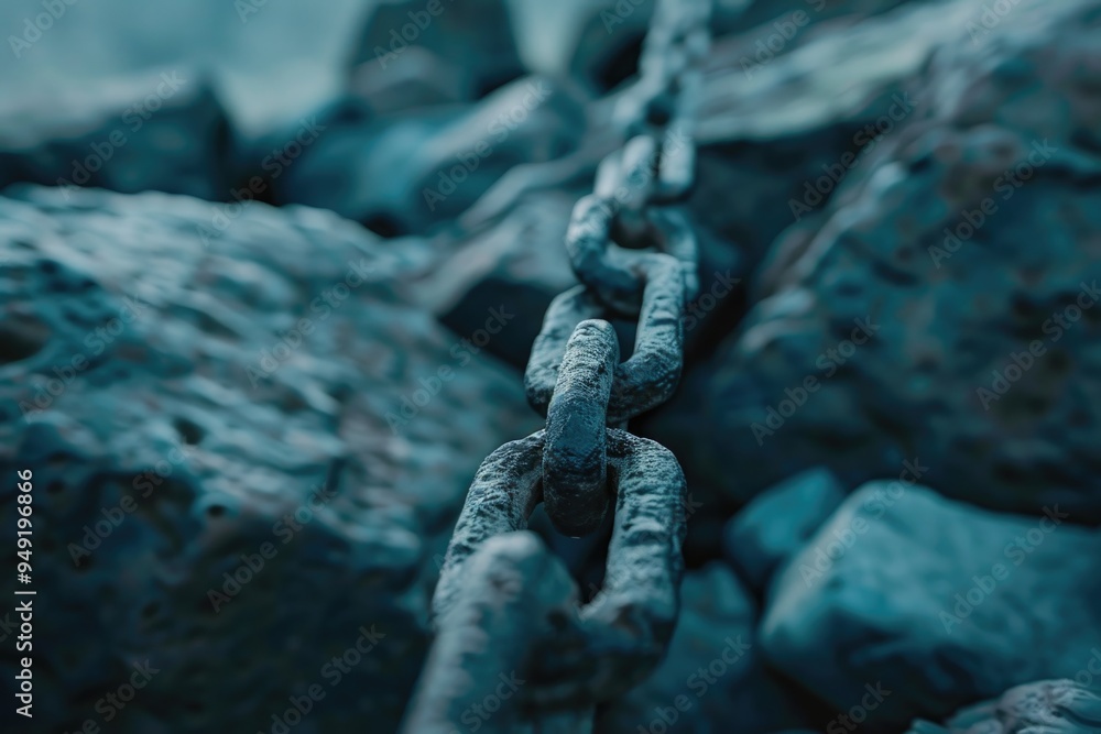 Poster a close-up shot of a chain resting on some rocks, perfect for use in jewelry or adventure-themed des