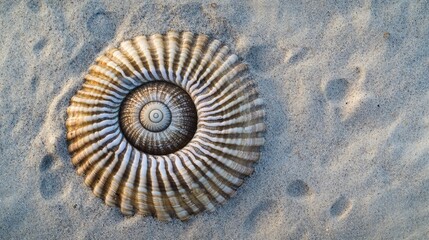 A close-up of a circular seashell on a sandy beach, showing its intricate patterns.