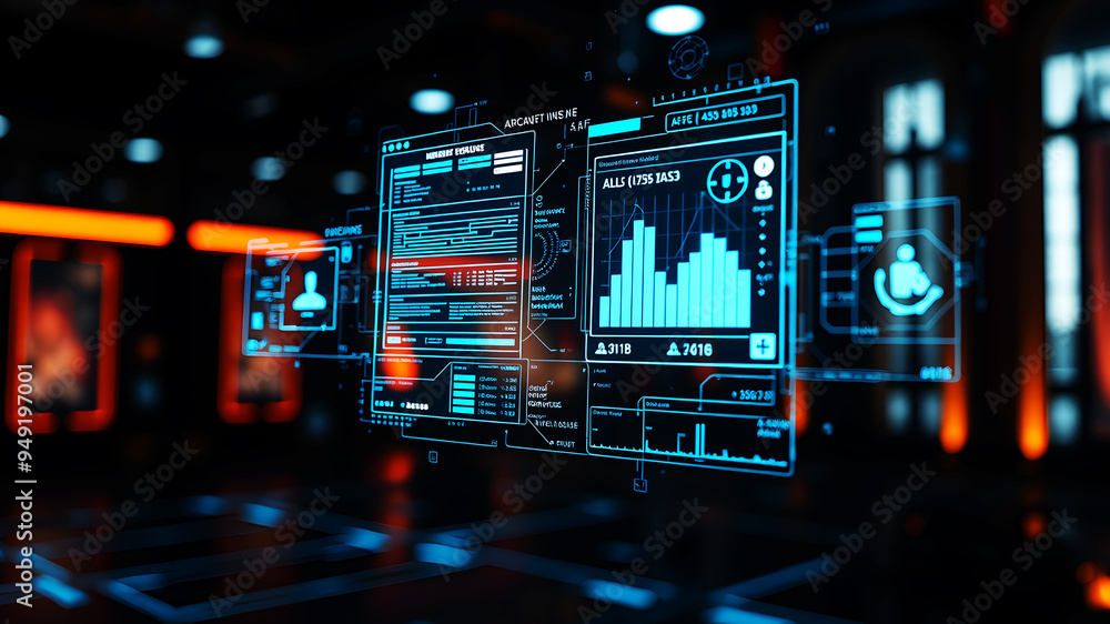 Poster an ai interface with holographic data panels floating in mid-air against a sci-fi background