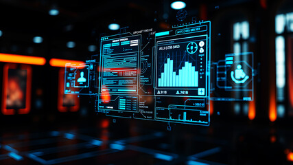 An AI interface with holographic data panels floating in mid-air against a sci-fi background