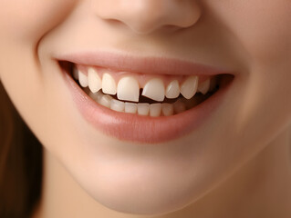 A close-up view of a young woman smiling with white healthy teeth, yet showcasing one broken tooth.