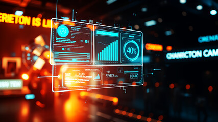 An AI interface with holographic data panels floating in mid-air against a sci-fi background