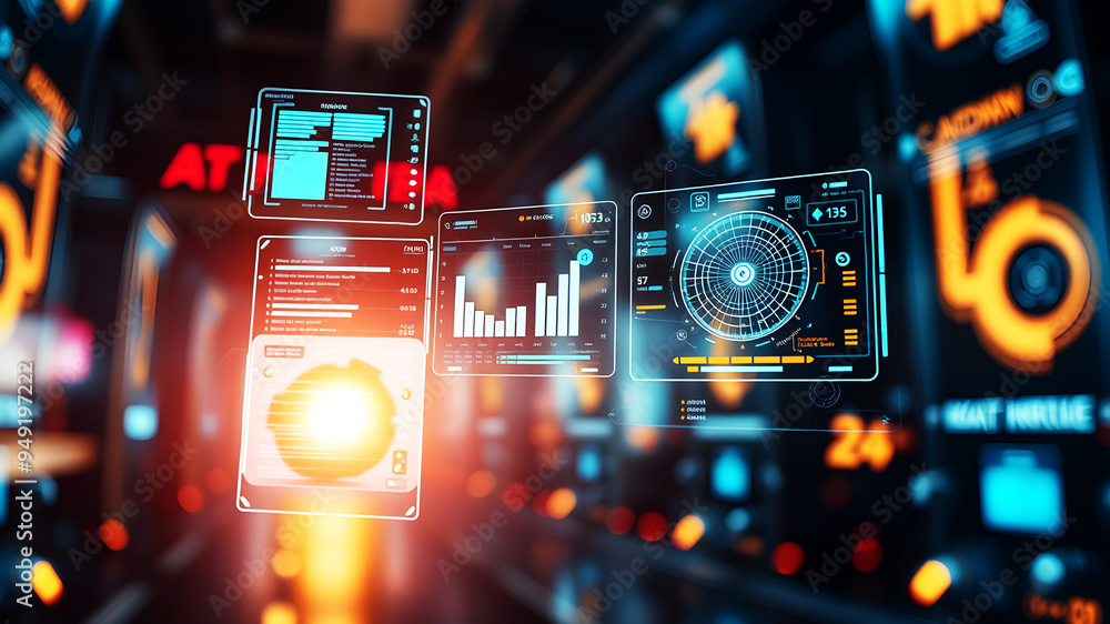 Poster an ai interface with holographic data panels floating in mid-air against a sci-fi background