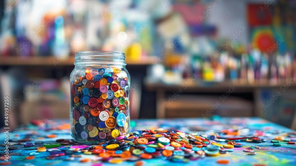 Poster a colorful jar filled with vibrant buttons sits on a creative workspace. the background showcases a 