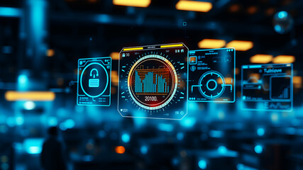 An AI interface with holographic data panels floating in mid-air against a sci-fi background